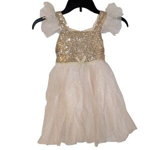 Think Pink Bows Girls Gold Sequin Tulle Party Dress Flutter Sleeve Size 5 NWOT